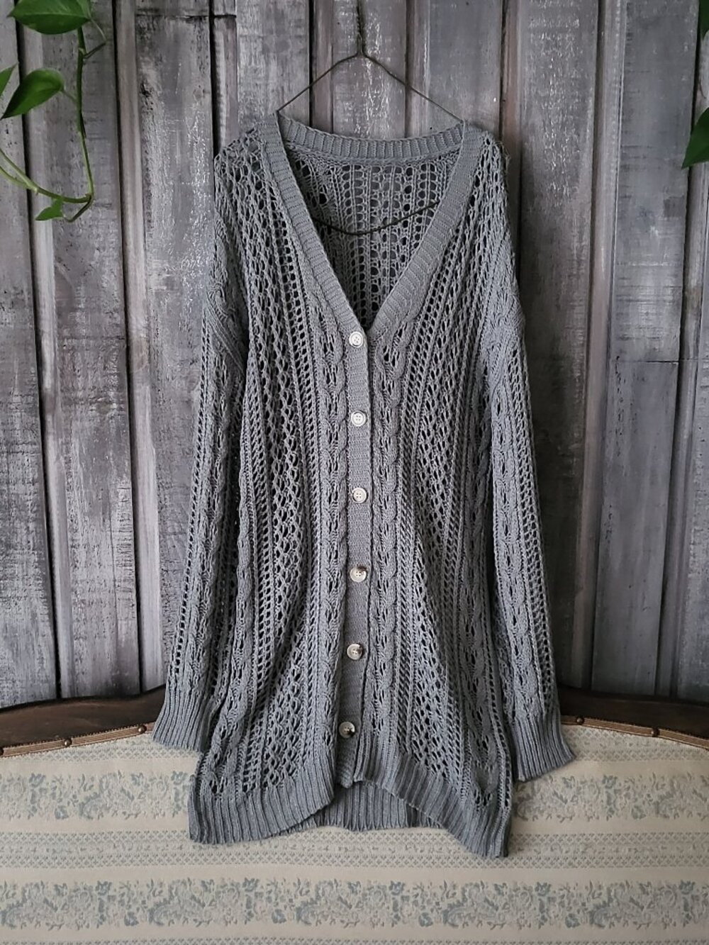 Grey Crochet Open Work Cable Knit Button Up Cardigan Sweater S Relaxed Fit NWOT